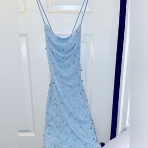 SEYCHELLES
Embellished Cowl Neck Mini Dress in Blue
